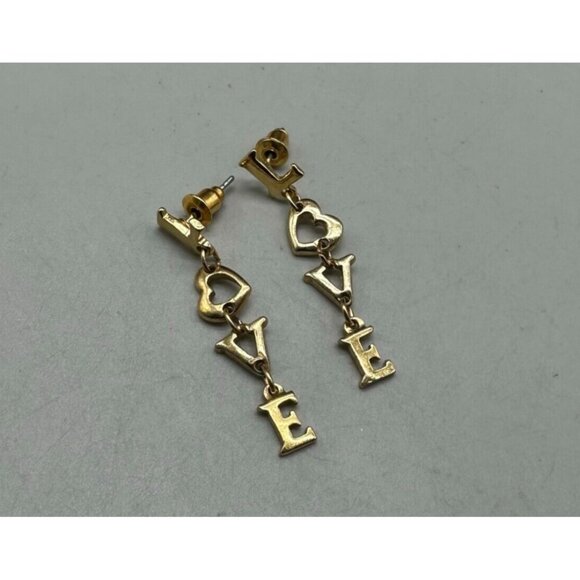 3/$30 Vintage Love Drop Earrings Gold Tone Letter Dangle Pierced Jewelry 1.5" - Picture 2 of 11